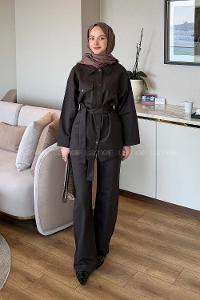 Lamelif Çıtçıtlı Gabardin Takım Koyu Kahverengi