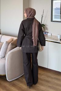 Lamelif Çıtçıtlı Gabardin Takım Koyu Kahverengi