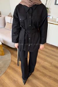 Black Shirt Collar Long Arm Gabardin Regular Trousers Linen Suit