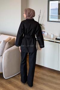 Black Shirt Collar Long Arm Gabardin Regular Trousers Linen Suit