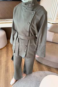 Khaki Mandarin Collar Long Arm Gabardin Regular Trousers Linen Suit