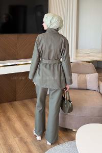 Khaki Mandarin Collar Long Arm Gabardin Regular Trousers Linen Suit