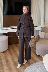 Dark Brown Mandarin Collar Long Arm Gabardin Regular Trousers Linen Suit