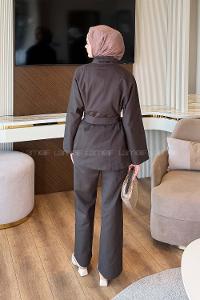 Dark Brown Mandarin Collar Long Arm Gabardin Regular Trousers Linen Suit