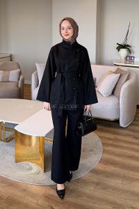 Black Mandarin Collar Long Arm Gabardin Regular Trousers Linen Suit