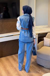 Lamelif Kemerli Yelek-Pantolon Takım Buz Mavisi