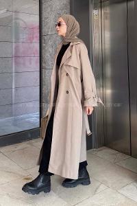 Lamelif Kol Kemerli Trençkot Vizonrengi