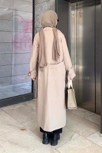 Lamelif Kol Kemerli Trençkot Vizonrengi