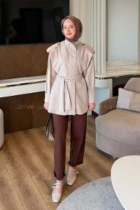 Lamelif Kol Pileli Omuz Apolelti Trenç Taş Rengi