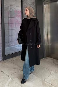 Lamelif Reglan Kol Düğmeli Trenç Siyah