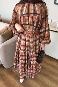 Plaid Brown Crew Neck Naylon Dresess