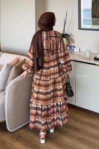 Plaid Brown Crew Neck Naylon Dresess