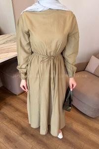 Lamelif Bel Büzgülü Elbise Haki