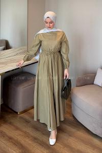 Lamelif Bel Büzgülü Elbise Haki