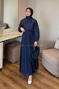 Lamelif Bel Büzgülü Elbise Lacivert
