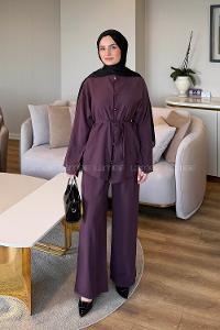Lamelif Birit Düğme Detaylı Pantolonlu Takım Mürdüm