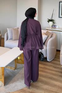 Lamelif Birit Düğme Detaylı Pantolonlu Takım Mürdüm