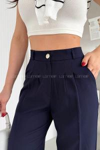 Navy Blue Cotton Polyester High Waist Material Pants