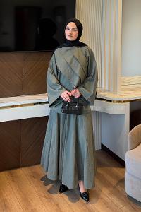 Lamelif Kat Detaylı Keten Gömlek Takım Haki