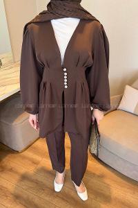 Lamelif Taşlı Düğme Detaylı Takım Koyu Kahverengi