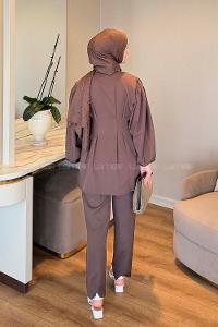 Lamelif Taşlı Düğme Detaylı Takım Koyu Kahverengi