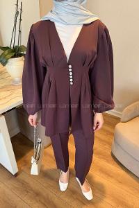 Lamelif Taşlı Düğme Detaylı Takım Mürdüm