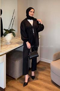 Lamelif Taşlı Düğme Detaylı Takım Siyah