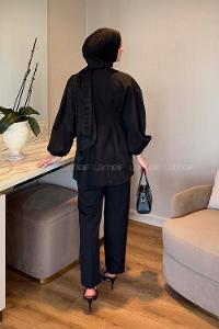 Lamelif Taşlı Düğme Detaylı Takım Siyah