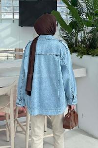 Lamelif Apolet Detaylı Kot Ceket Buz Mavisi