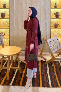 Lamelif Arka Roba Büzgü Detaylı Elbise Bordo