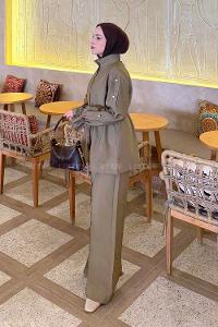 Lamelif Bağlama Detaylı Etekli Takım Haki