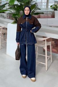 Lamelif Bağlama Detaylı Garnili Takım Kot Mavisi