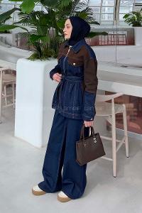 Lamelif Bağlama Detaylı Garnili Takım Kot Mavisi