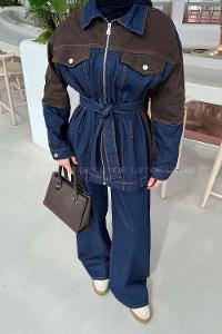 Lamelif Bağlama Detaylı Garnili Takım Kot Mavisi