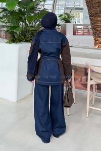 Lamelif Bağlama Detaylı Garnili Takım Kot Mavisi