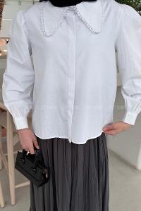 Lamelif Bebe Yaka Dantel Dikişli Gömlek Beyaz