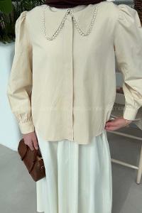 Lamelif Bebe Yaka Dantel Dikişli Gömlek Krem