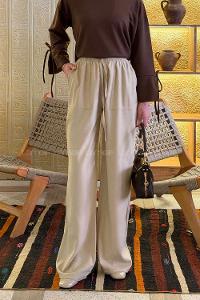 Lamelif Bol Paça Yüksek Bel Palazzo Pantolon Taş Rengi