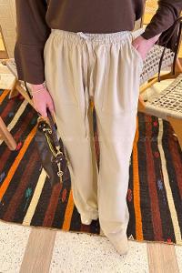 Lamelif Bol Paça Yüksek Bel Palazzo Pantolon Taş Rengi