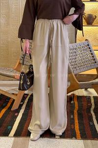 Lamelif Bol Paça Yüksek Bel Palazzo Pantolon Taş Rengi