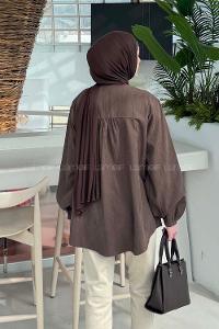 Lamelif Brit düğmeli V Yaka Gömlek Acı Kahve