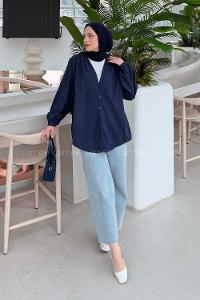 Lamelif Brit düğmeli V Yaka Gömlek Lacivert