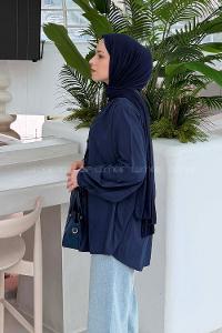 Lamelif Brit düğmeli V Yaka Gömlek Lacivert