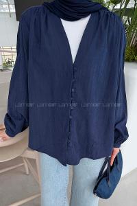 Lamelif Brit düğmeli V Yaka Gömlek Lacivert