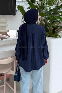 Lamelif Brit düğmeli V Yaka Gömlek Lacivert