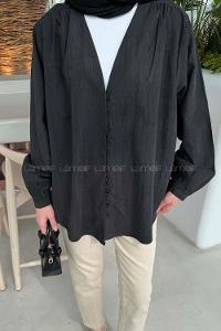 Lamelif Brit düğmeli V Yaka Gömlek Siyah