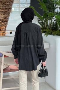 Lamelif Brit düğmeli V Yaka Gömlek Siyah