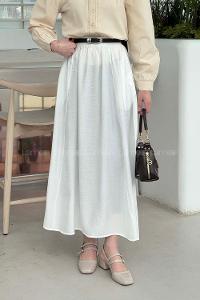 Lamelif Cep Detaylı Etek Ekru