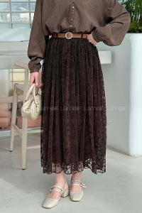 Lamelif Çiçek Baskılı Kemerli Etek Acı Kahve