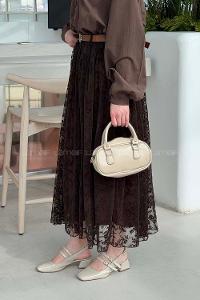 Lamelif Çiçek Baskılı Kemerli Etek Acı Kahve